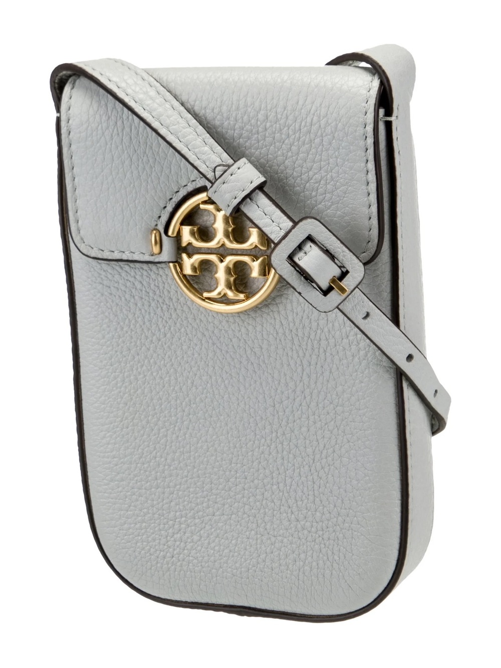 Tory Burch Light Gray Pebbled Leather Crossbody with Gold Logo